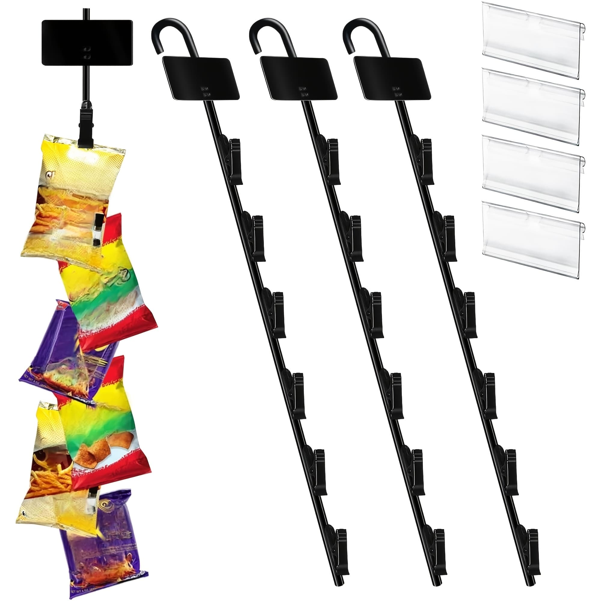 TEMU 3pcs Hook Chip Display Suspension With 6 Chips Black Greeting Card Hook For Party Suppliers Potato Chip Bag Sweets Portable Retail Organizer Storage Metal Strap Label Head