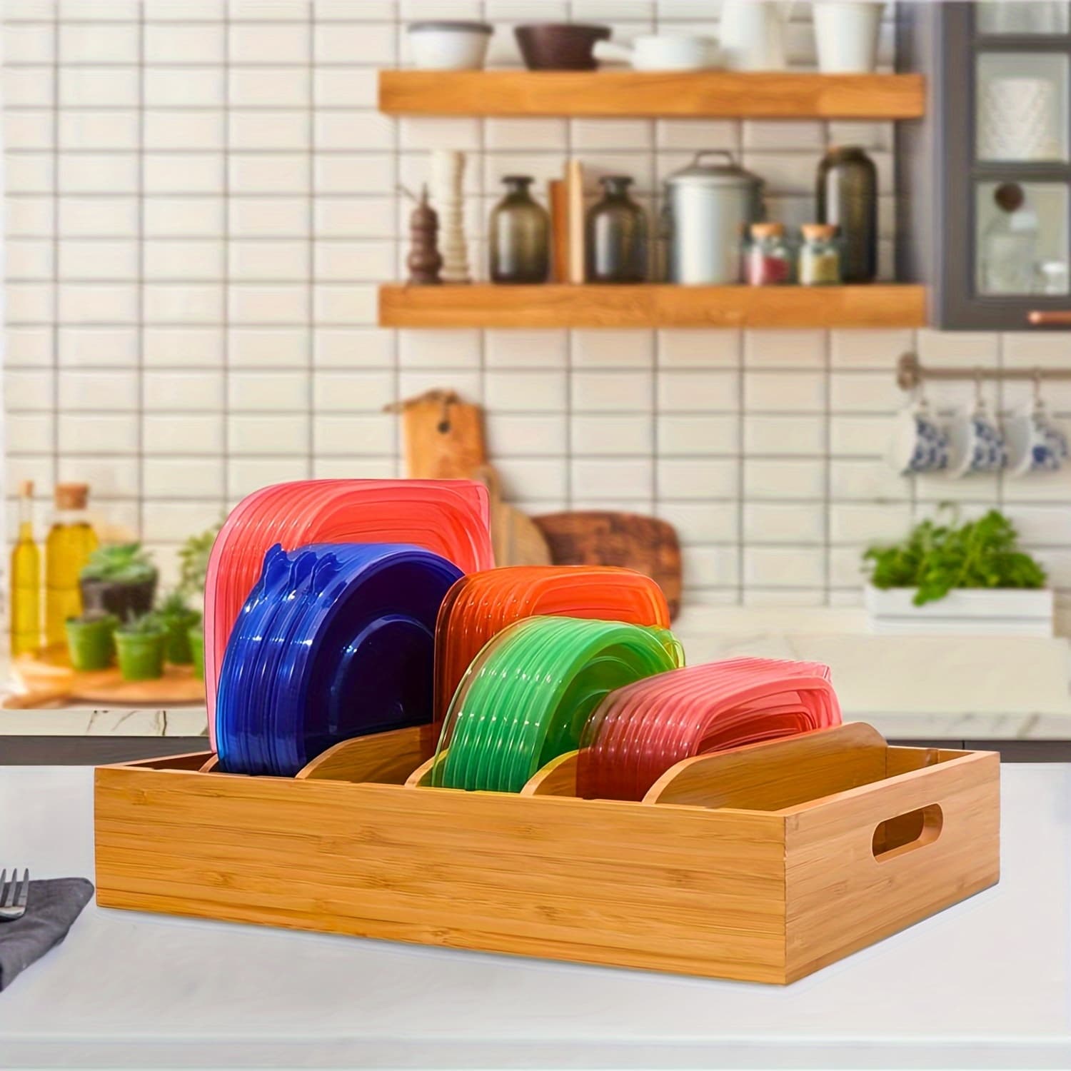 TEMU Adjustable Bamboo Lid Holder For Kitchen Cabinets, Organizer With 5 Dividers For Plastic Food Container , Includes Labels