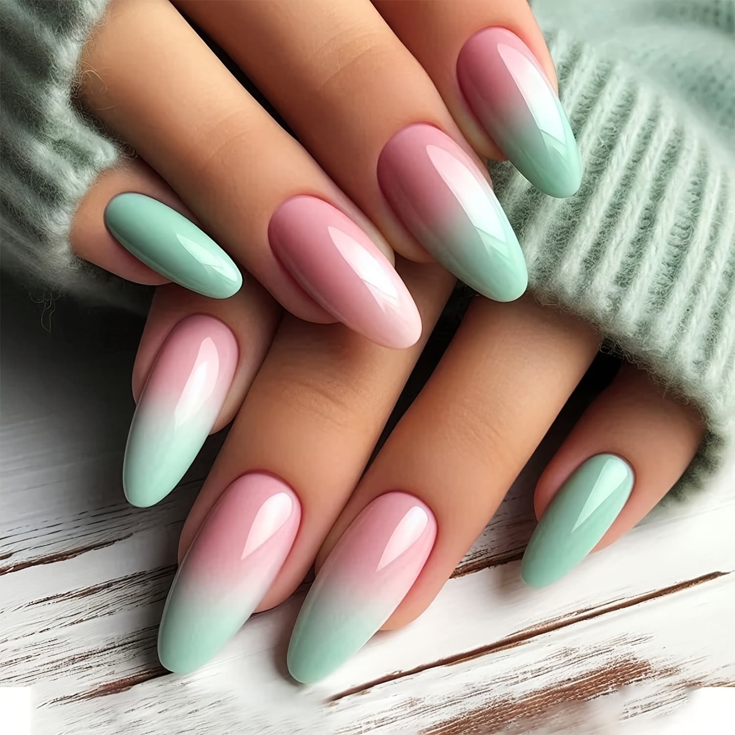 TEMU Slozzi 24pcs Pink To Light Green Gradient Almond Press On Nails For Women S Summer Ombre False Nails