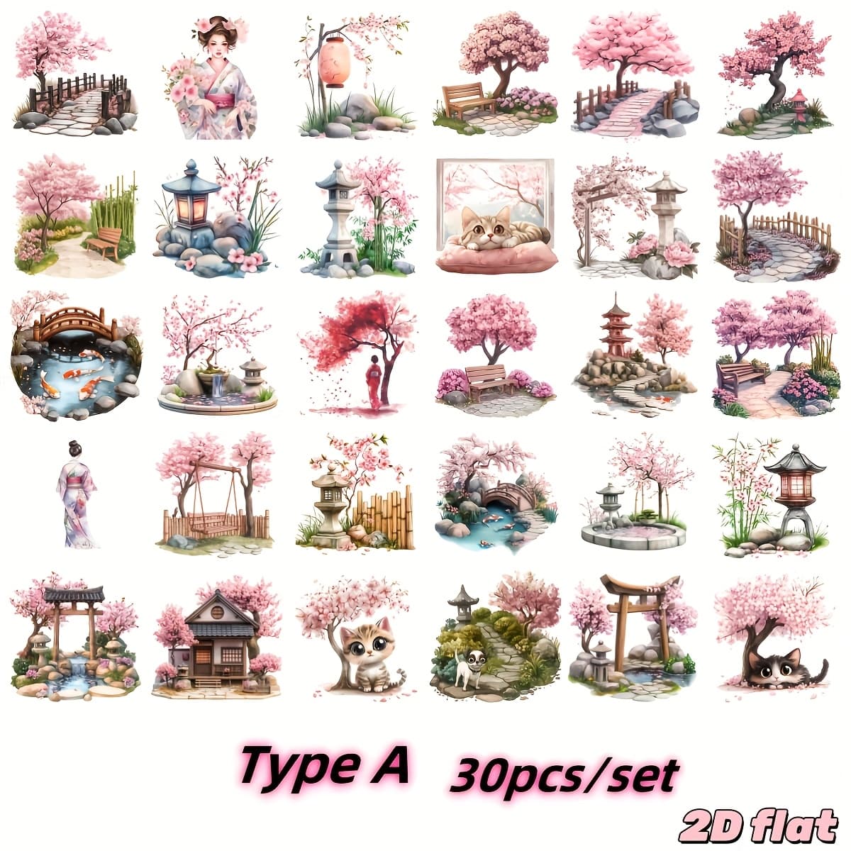 TEMU 30pcs/set Handmade Creative Retro Japanese Scenery Cherry Kimono Series 2d Flat Stickers Suitable For Garbage Diary, Notebook, Decoration, Manual Account Cutting Book Stickers