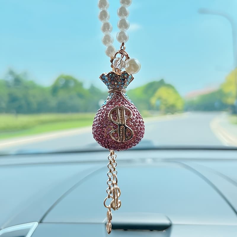 TEMU Elegant Crystal Car Charm - Pearl-accented Metal Rearview Mirror Pendant For Vehicle Interior Decor
