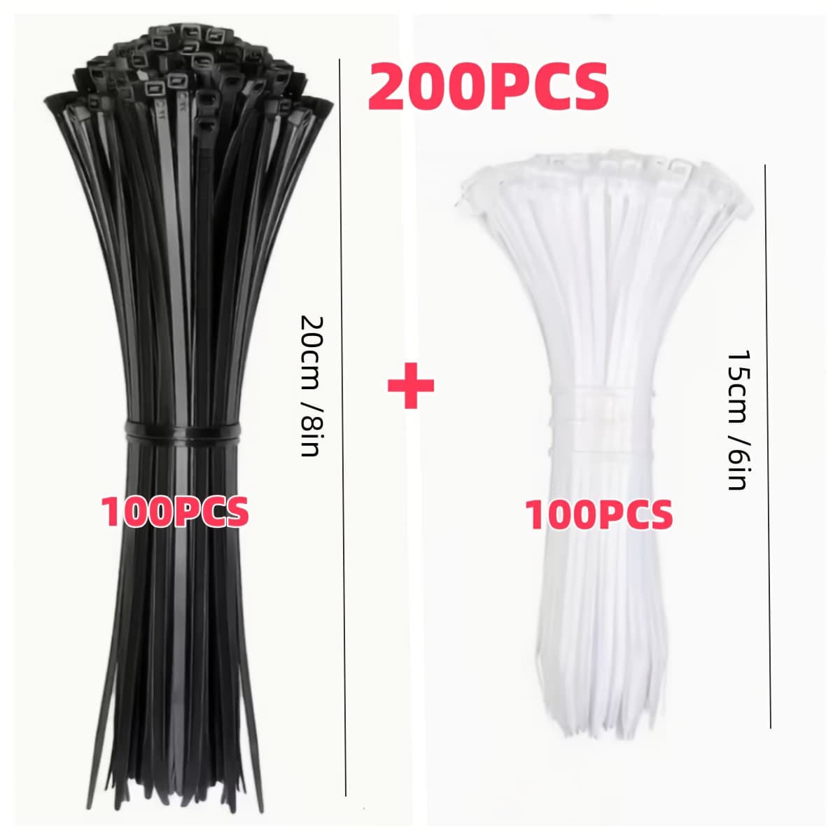 TEMU 200pcs Black 8-inch And 100pcs White 6-inch Self-locking Nylon Cable Ties For Home And Office Use