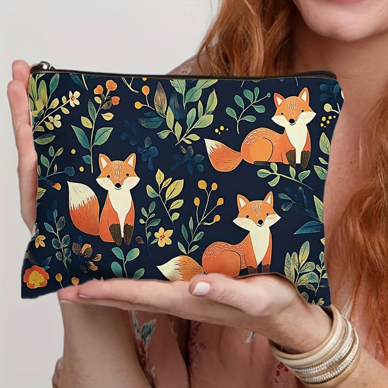 TEMU 1pc Cute Fox Print Cosmetic Bag, Travel Toiletry Pouch, Zipper Closure Makeup Organizer, Suitable For Women, , Gift For Colleagues Best Present