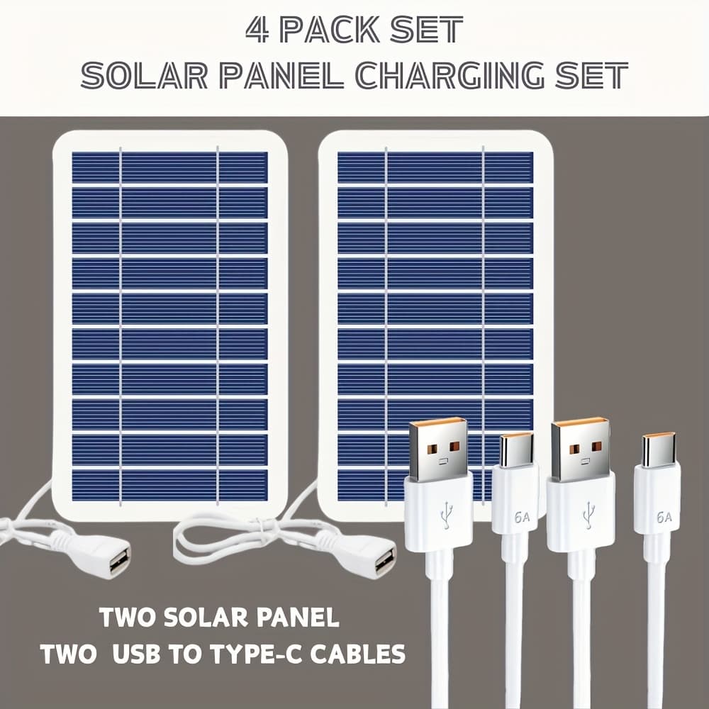 TEMU 4pcs Solar Charger Set, Including 2 Solar Panels And 2 Usb To Type-c Data Cables, Suitable For Outdoor, Camping, And Vacation Use.