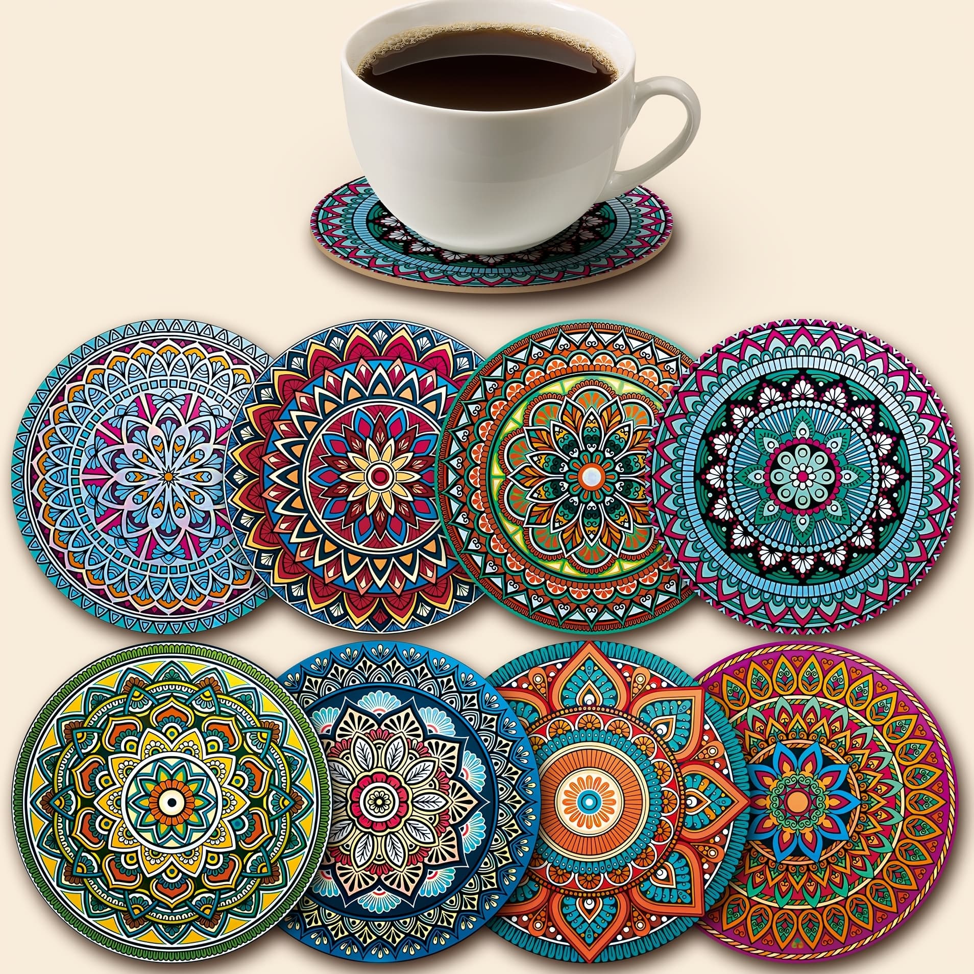 TEMU 8pcs Mandala Coasters, Wooden Coaster Set, Essential For Holiday , Suitable For Bars, Offices, And Homes, , Size 10cm X 10cm
