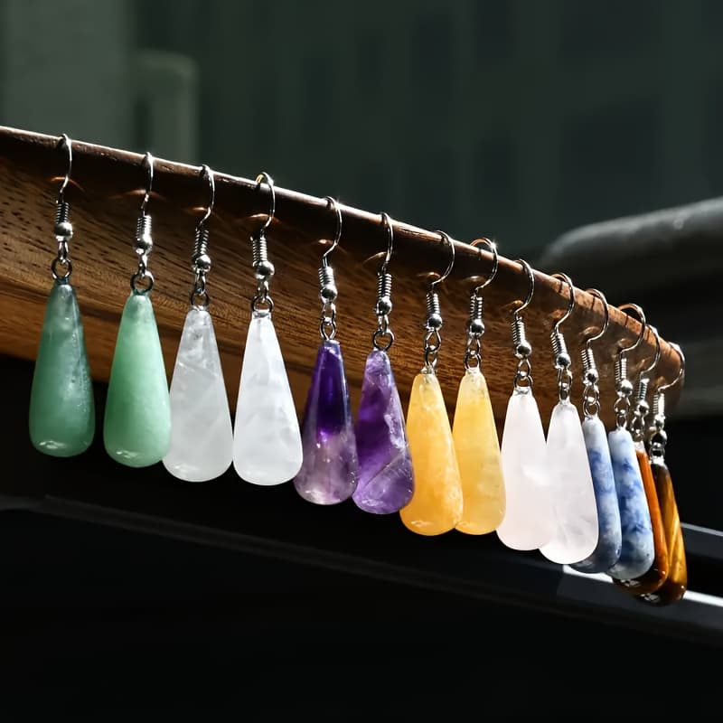 TEMU 8 Pairs Of Random Stone Teardrop-shaped Pendant Earrings Bohemian Holiday Jewelry Women's Birthday Stone Gift