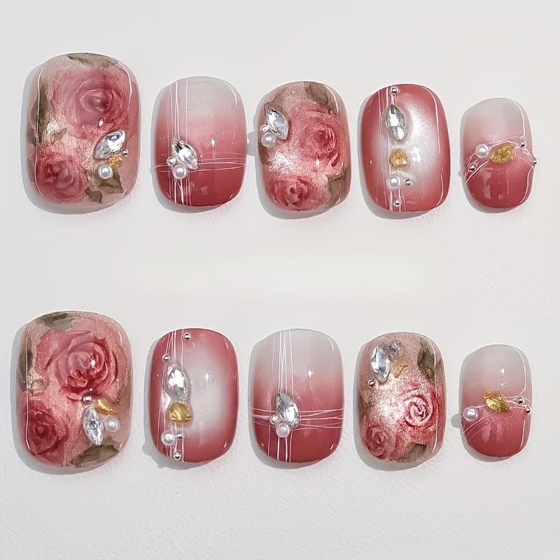 TEMU 30pcs Red Cat Eye Fake Nails With Watercolor - Glossy Short Square Press-on Nails, Vintage Floral Nail Art For Weddings & Birthdays, Durable Reusable False Nails, Nails Accessories