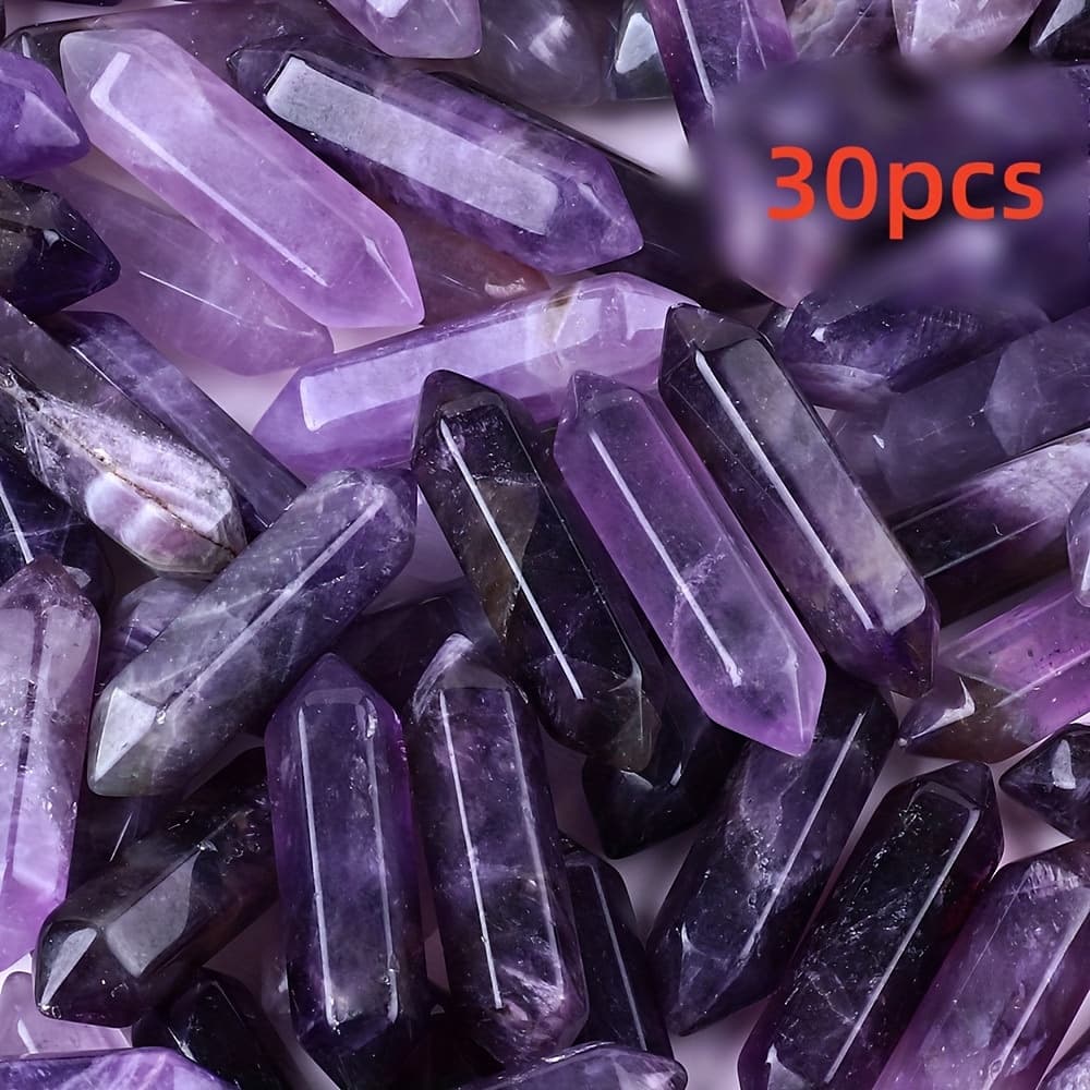 TEMU 30pcs Amethyst Hexagonal Columns Stones - Natural Pointed Shape, Deep Purple Polished Texture For Home Decor, Decorative Stones, Jewelry Gift