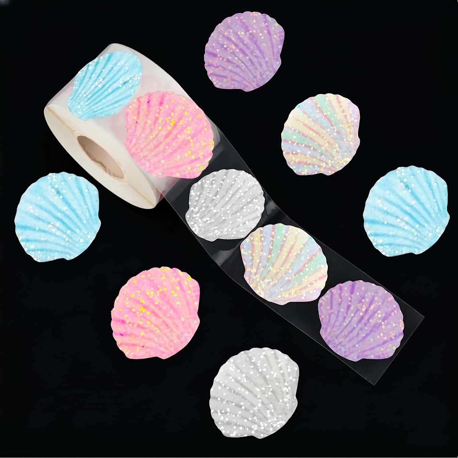 TEMU 500pcs Summer Seashell Stickers Roll Holographic Seal Stickers Sparkly Colorful Sea Shell Self-adhesive Decals For Ocean Birthday Holiday Envelope Journal Decor, 5 Designs