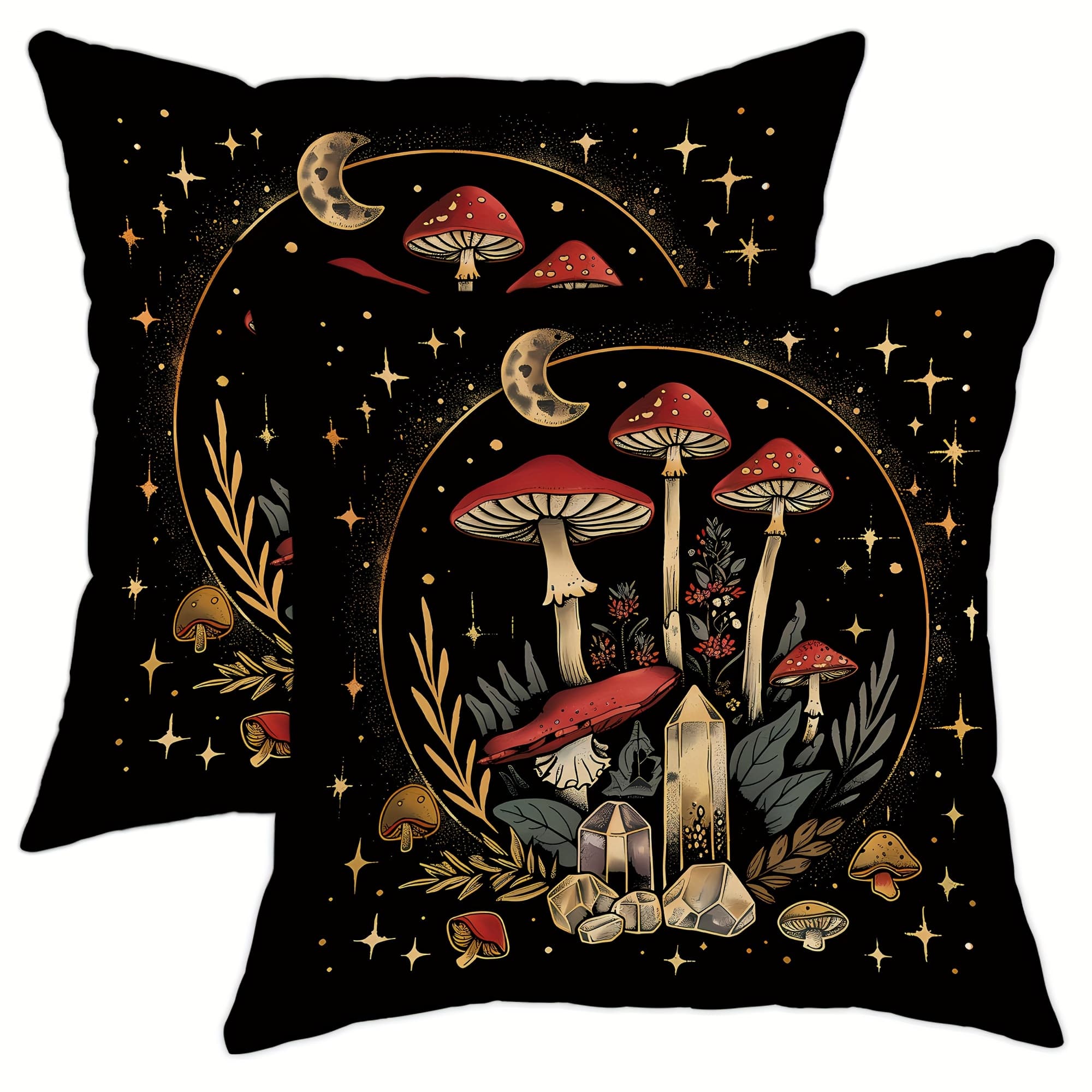 TEMU [jit]2pcs Velvet Throw Pillow Covers Mushroom Botanical Moon Red Black Yellow Farmhouse Decorative Pillowcases18in*18in For Living Room Bedroom Sofa Bed Decoration Without Pillow Inserts