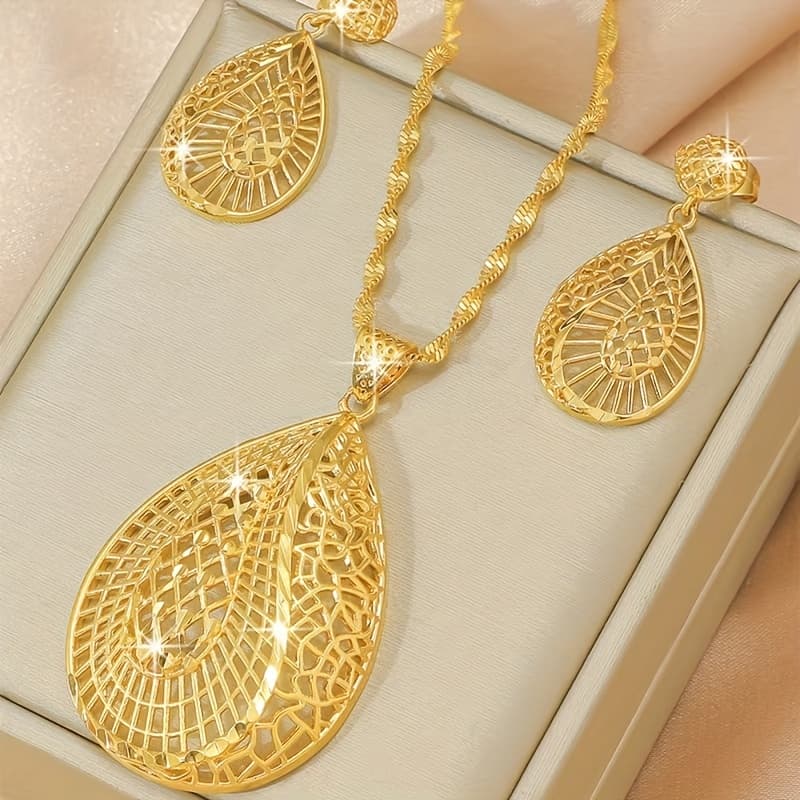 TEMU 2pcs Set: Shiny And Elegant Wedding Party Hollow-out Leaf Floral Necklace And Earrings For Women