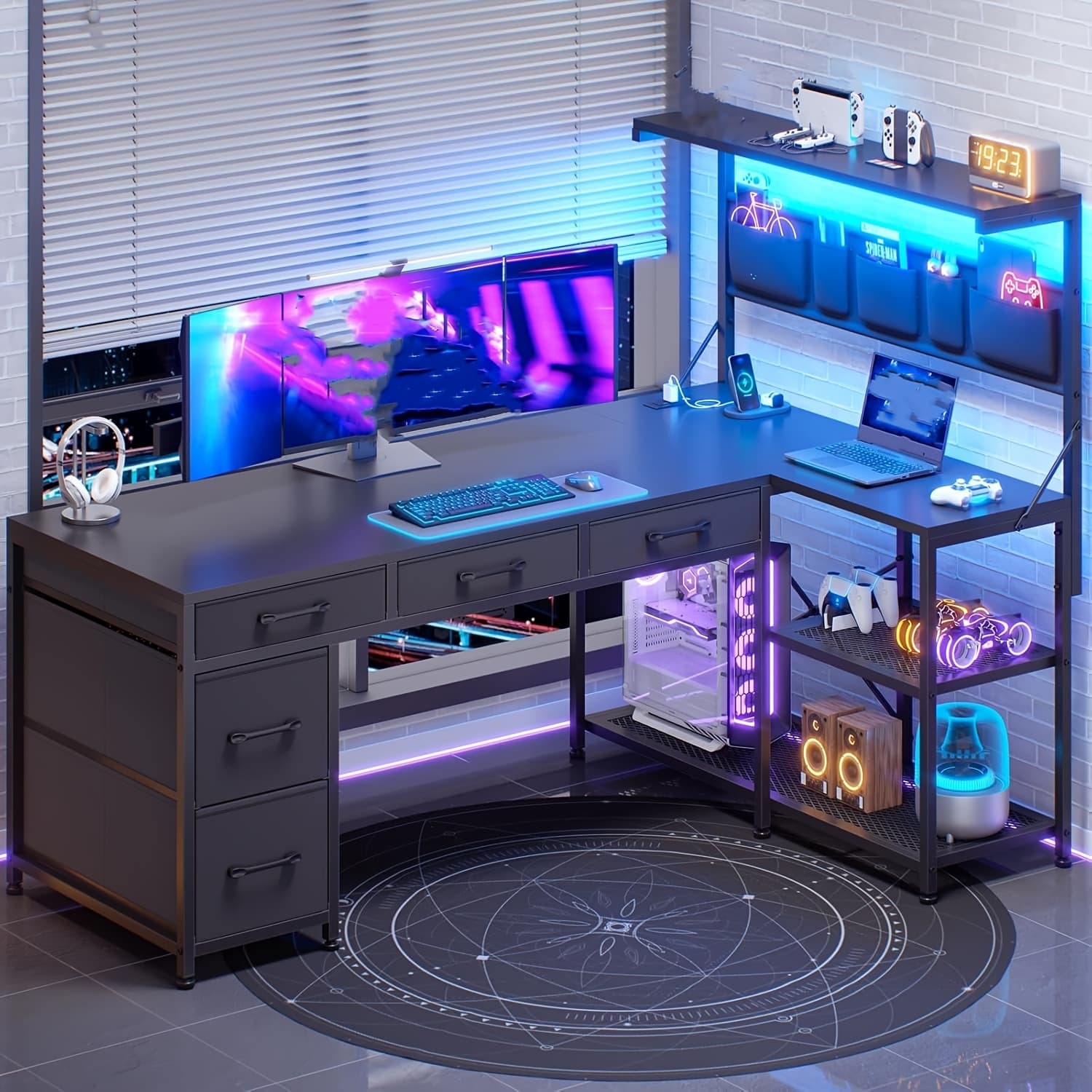 TEMU L Shaped Office Desk With Led Lights, 47.2" Reversible Small Computer Desk With 5 Drawers And Storage Shelves, Home Desk