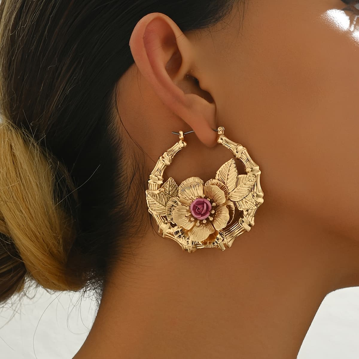 TEMU 1 Pair Ring-shaped Bamboo Joint Earrings Flower Earrings