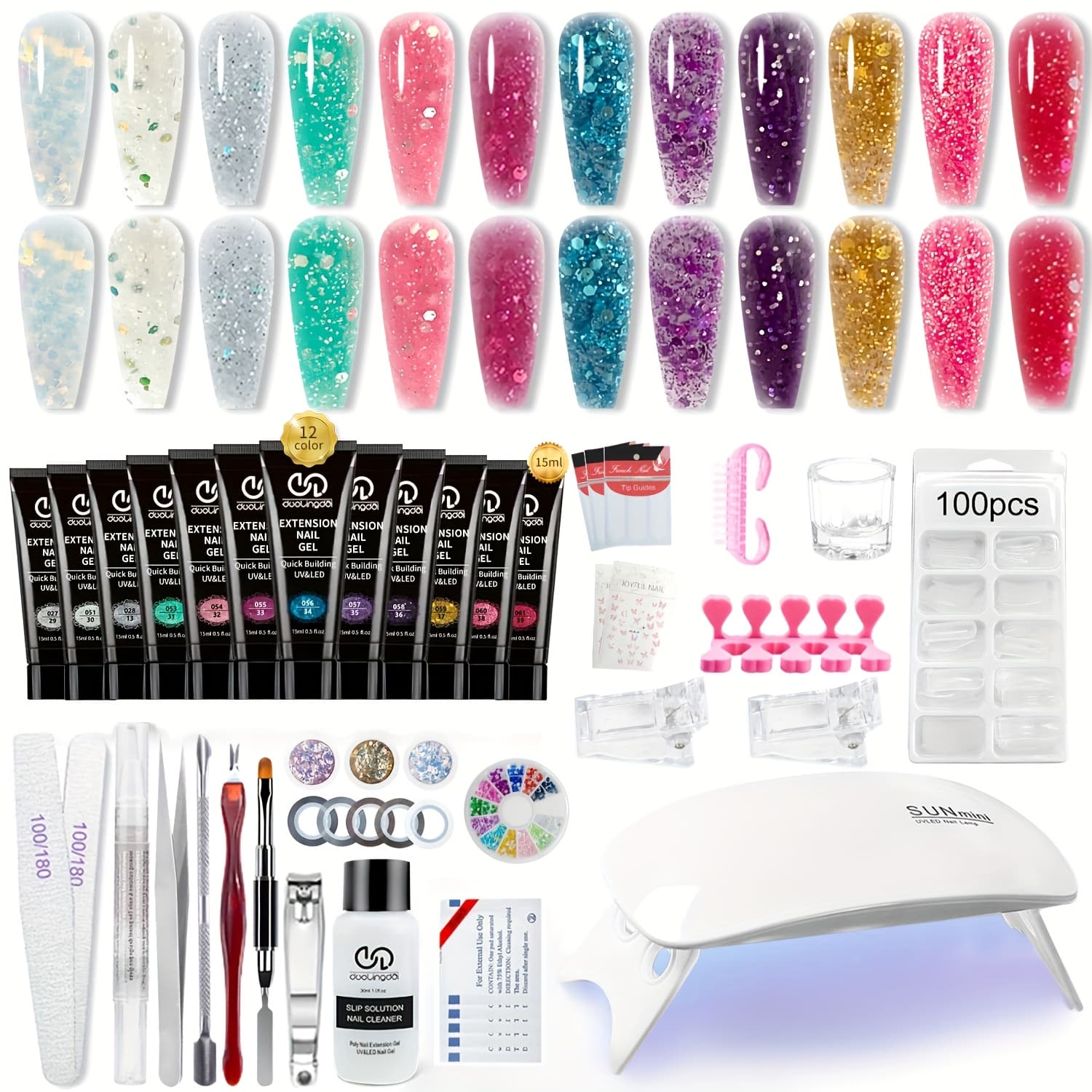 TEMU 12 Colors Poly Nail Gel Kit Nude Pink Glitter All In 1 Poly Extension Gel Starter Kit Poly Nail Gel Kit With U V Light Base Gift For Women