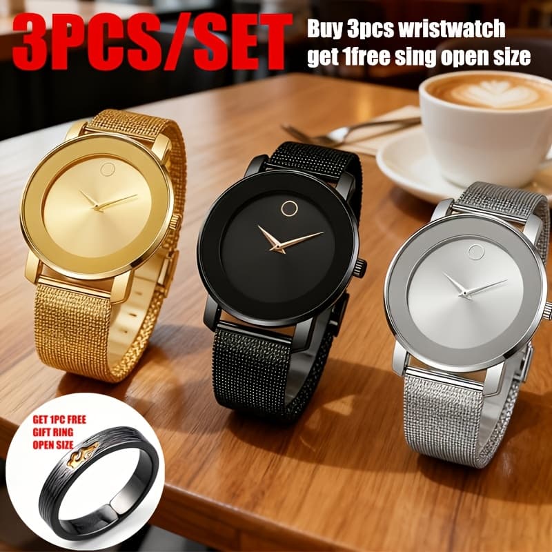 TEMU 3pcs/set Elegant Minimalist Watches Alloy Strap, Everyday And Formal Wear, Birthday/anniversary Gift For Men And Women Quartz Movement, Clock Perfect For Casual, With 1pc Gift Ring