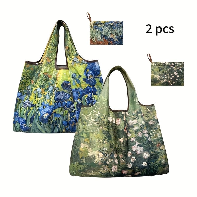 TEMU Set Of 2 Iris Flower Tote Bags - Lightweight, Foldable Nylon Shopping Bags For Women With Long Handles, Reusable Grocery And Beach Tote ( Design)