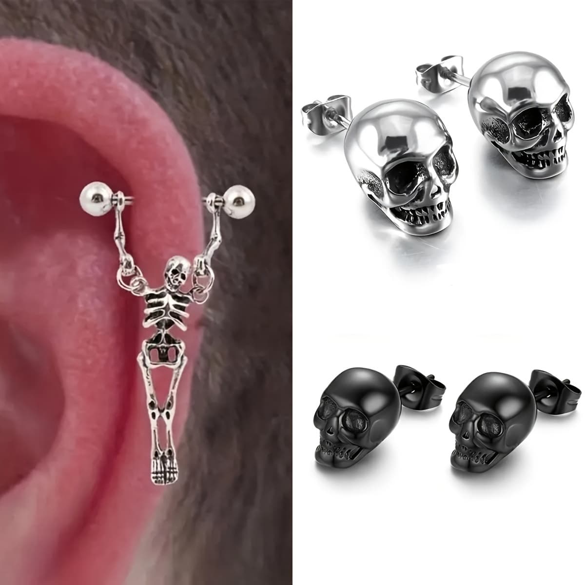 TEMU 5pcs/ Punk Stud Skull Earrings Set,mens Retro Silvery Ear Piercing Earrings