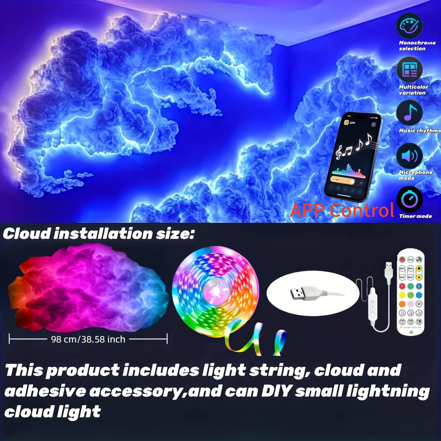 TEMU 39 Inch Large Cloud Lamp - Aesthetic Room Decor Light For Gaming Bedroom, Cafe, Pet Room | Creative Night Light For Christmas Halloween Birthday Party Decor