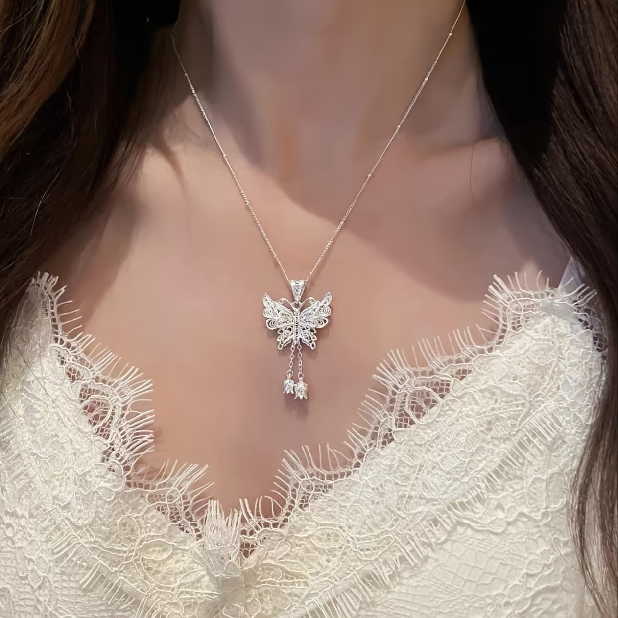 TEMU Elegant S925 Sterling Silvery Pendant Necklace, Collarbone Chain, Daily Birthday Gift, 2.5g/ 0.088oz, Decoration