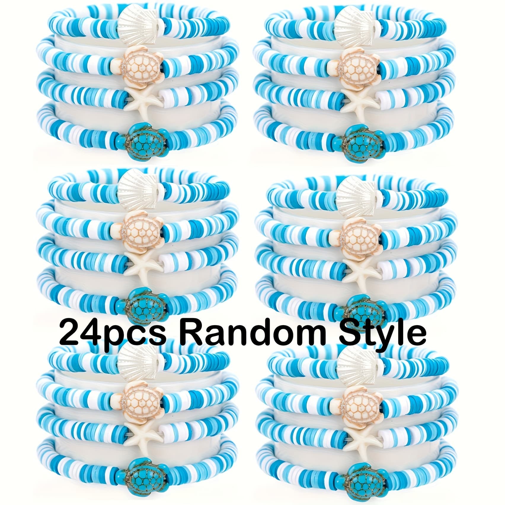 TEMU Random 24pcs Blue Ocean Polymer Clay Beaded Bracelets Bulk Shell Turtle Starfish Ankle Bracelets For Sea Themed Birthday Summer Beach Party Supplies