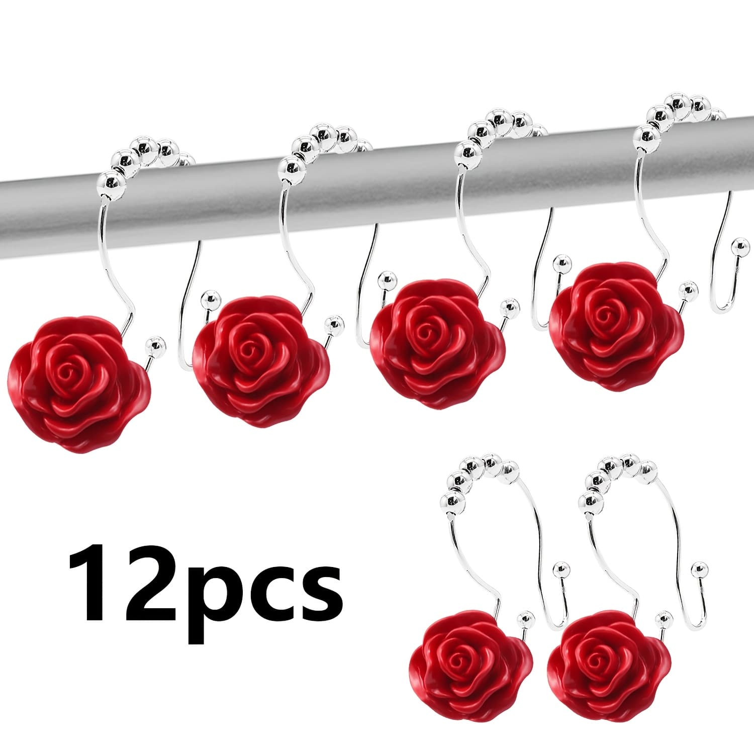 TEMU 12pcs Elegant Rose Decorative Shower Curtain Hooks - Stainless Steel With Acrylic Rhinestones, Design For Dual Curtains, For Bathroom, Bedroom & Living Room - Perfect Gift