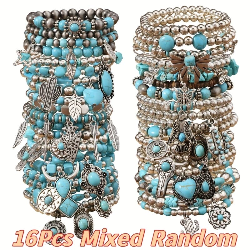 TEMU 16pcs Bohemian Style Bead String Western Turquoise Fashion Combination Random Pattern Bracelet Set- Gift For Women