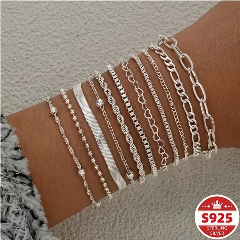 TEMU A Set Of 11pcs Ladies' 925 Sterling Silvery Bracelets, Featuring And Fashionable Minimalist Of Silvery's . This Multi-functional Series Is Suitable For Layering And Is An Ideal Gift For Festivals