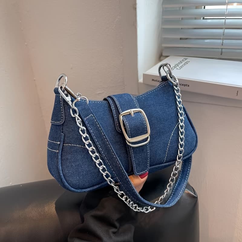 TEMU Trendy Denim Shoulder Bag Designed For Women, Featuring A Solid Hue, Zipper Fastening, Interior, And A Chain Strap, Perfect For The 2024 Scene