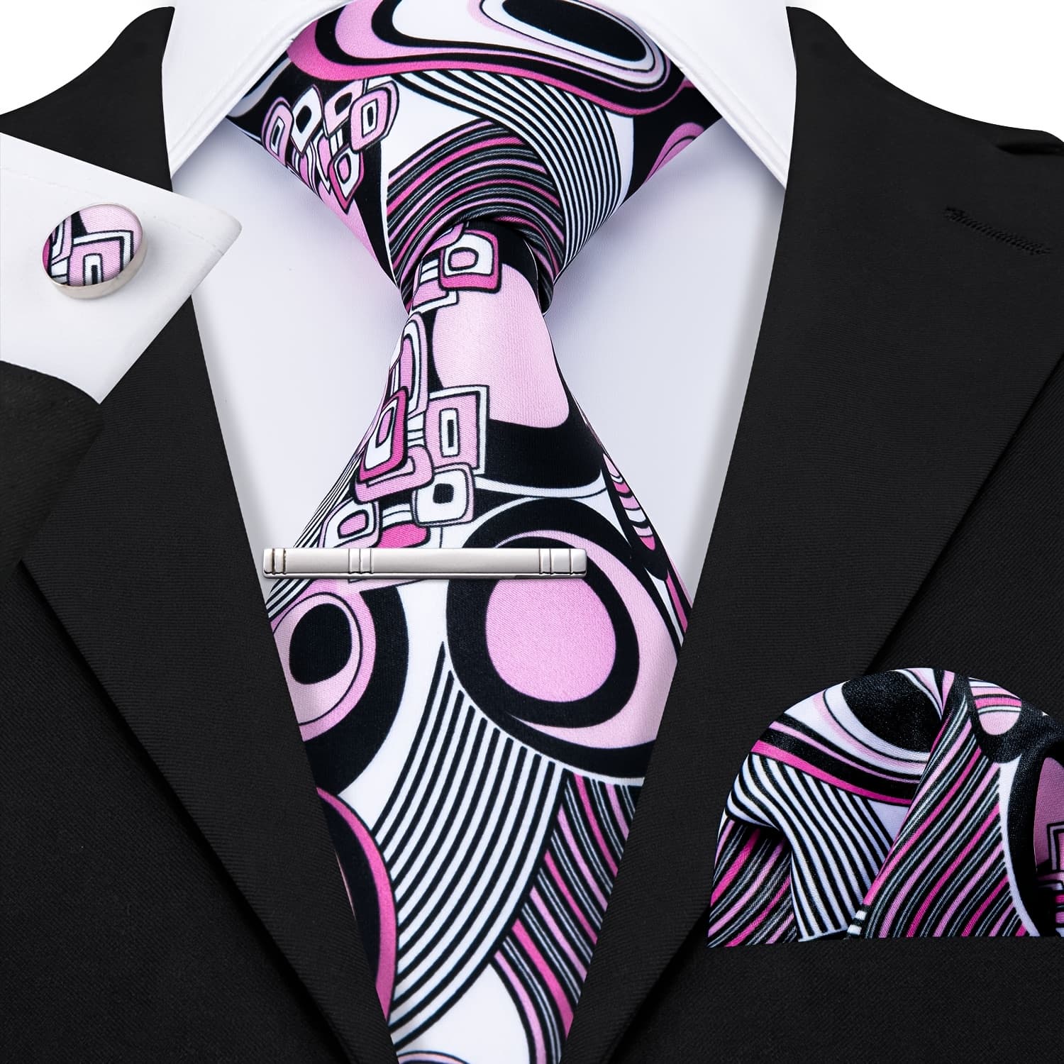 TEMU 1set Formal Mens Tie Pink Grey Muticolor Necktie Hankderchief Square Set Wedding