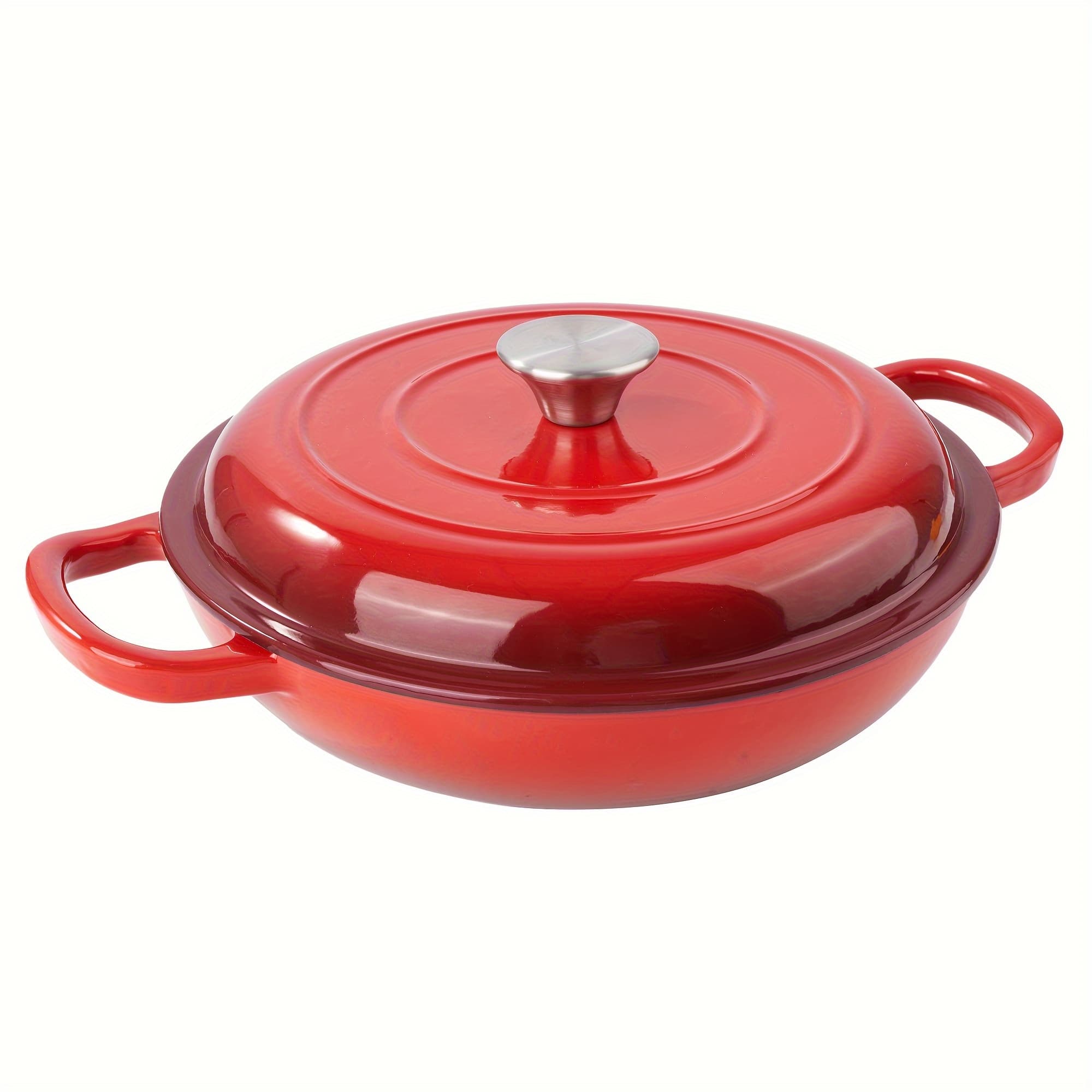 TEMU 3 Quart Enameled Shallow Cast Iron Dutch Oven With Lid, Dual Handles Dutch Pots For Cooking, , Heavy-duty & Nonstick, Oven To 500° F, Works On All Stovetops, Red