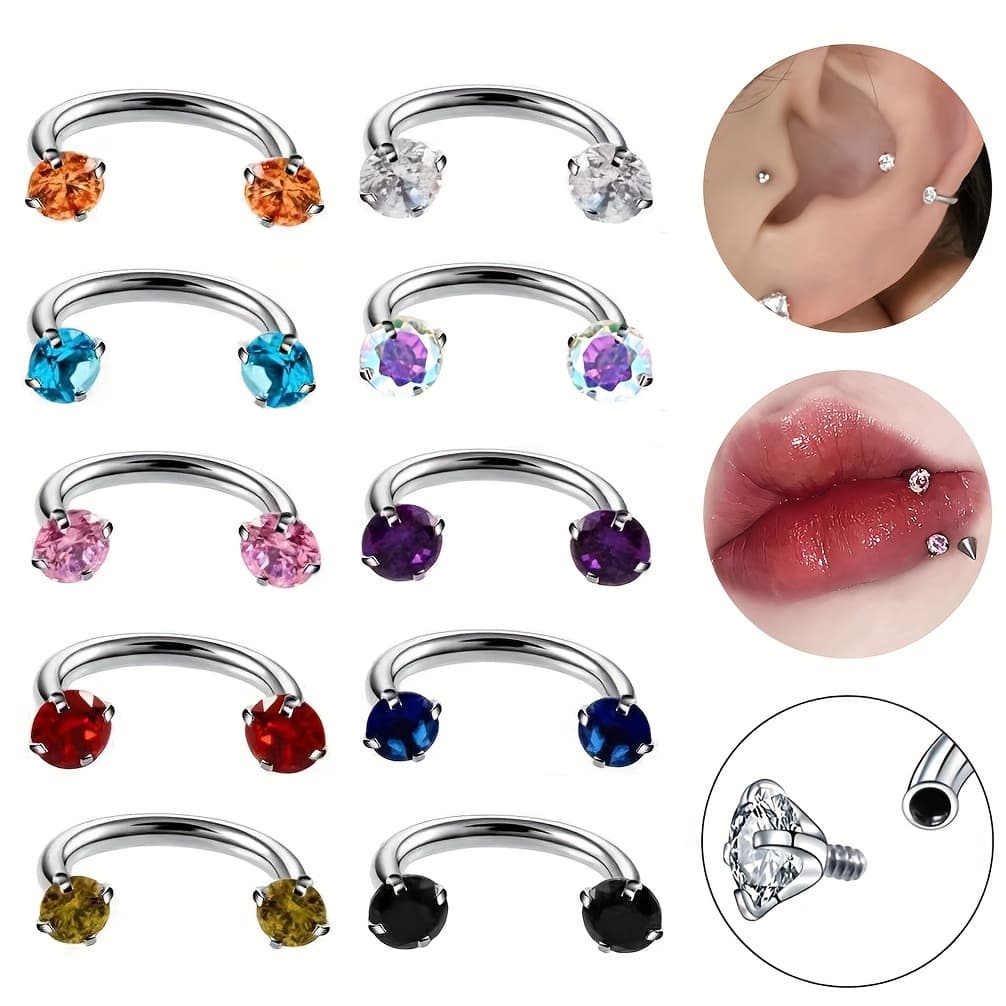 TEMU 10pcs Women's Hot Stainless Steel Round Four-prong Inner Teeth Nose Ring Lip Ring U/c Type Piercing Accessories