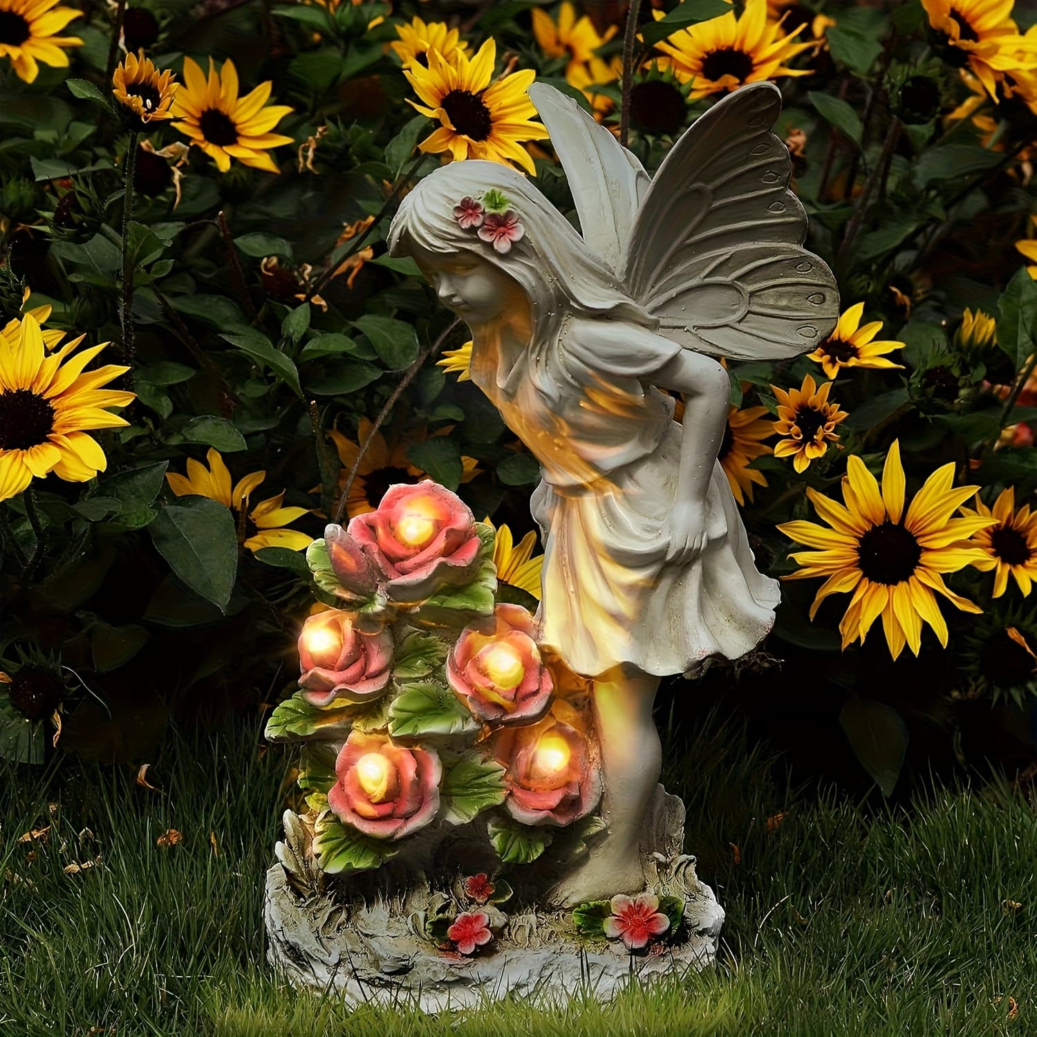 TEMU Solar Garden Outdoor Statues Decor, Outdoor Garden Figurines Angel Garden Statue, Solar Resin Flower Fairy Station Flower Statue Light Decoration, Decoration For Patio Lawn Yard Porch