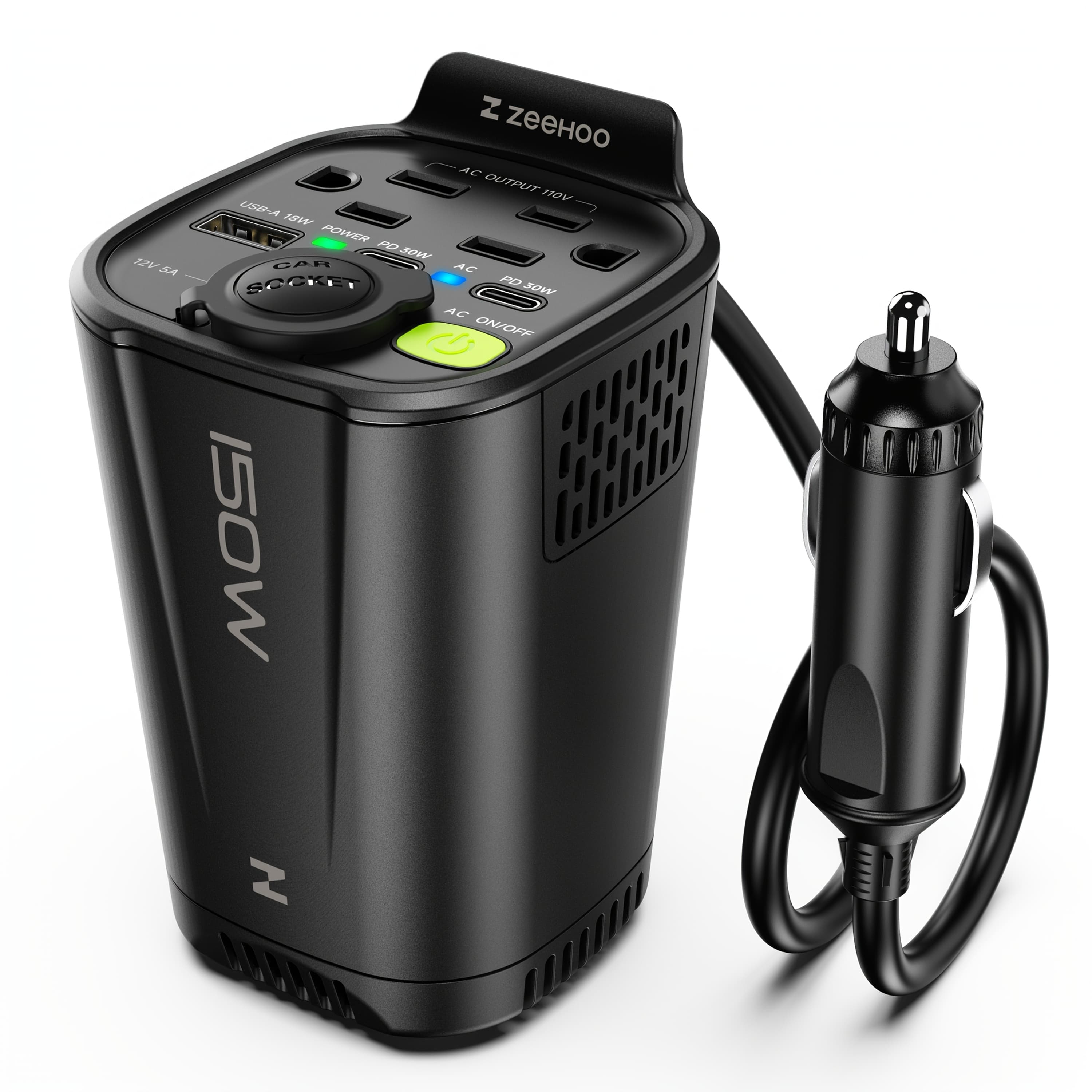 TEMU Zeehoo 150w Portable Car Power Inverter - 12v To 110v Ac Adapter, 1pc With Dual Ac Outlets, 18w Usb-a & 30w Pd Fast Charging, Cup Holder Design For Laptops, Phones - No Battery Included