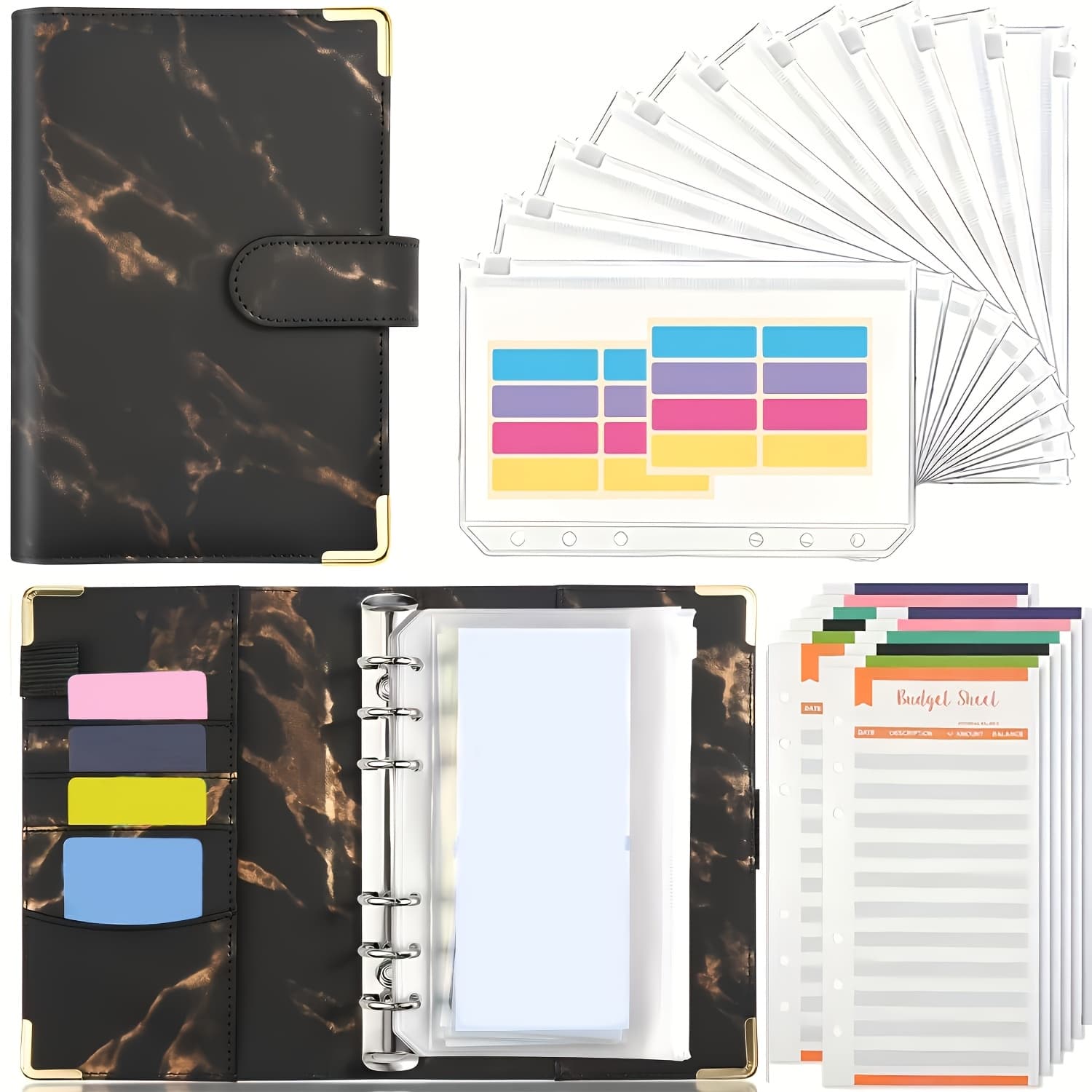TEMU A6 Budget Binder, Cash Envelopes For Budgeting, Money Organizer For Cash, 23pcs Budget Binder With Cash Envelopes, Marble 6ring Saving Binder