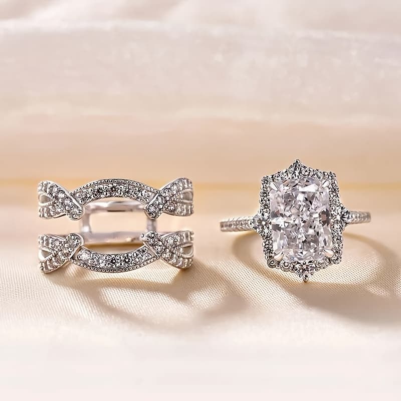 TEMU Sparkling Zirconia Two-piece Statement Ring For Ladies, Banquets And Weddings Jewelry For Women High Quality