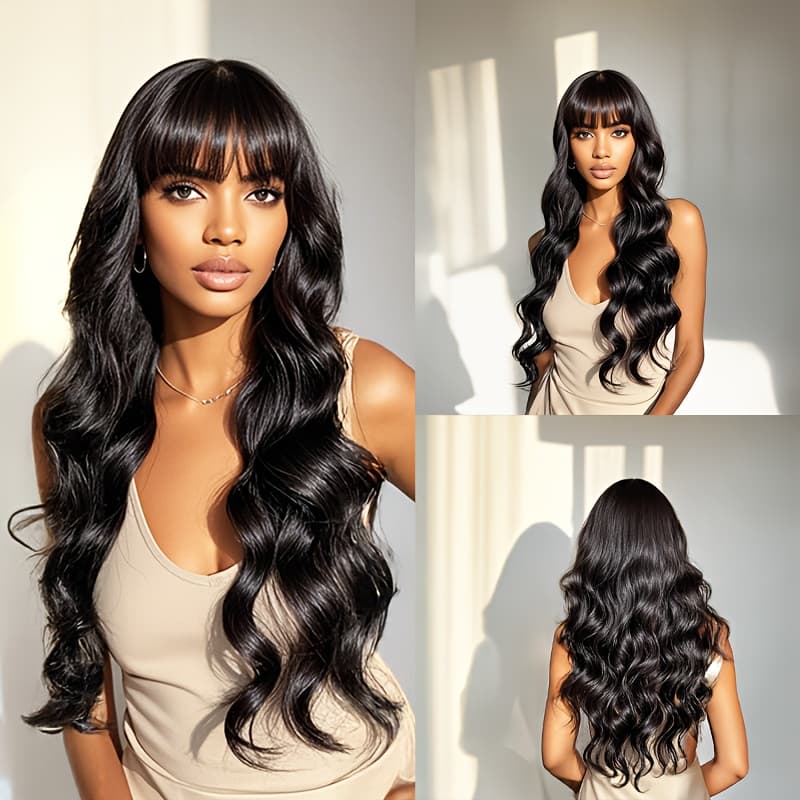 TEMU Black Wig With Bangs Long Wavy Wigs For Women 28 Inch Curly Wavy Wig With Bangs Natural Looking Synthetic Heat Resistant Fiber Wig For Daily Party Use