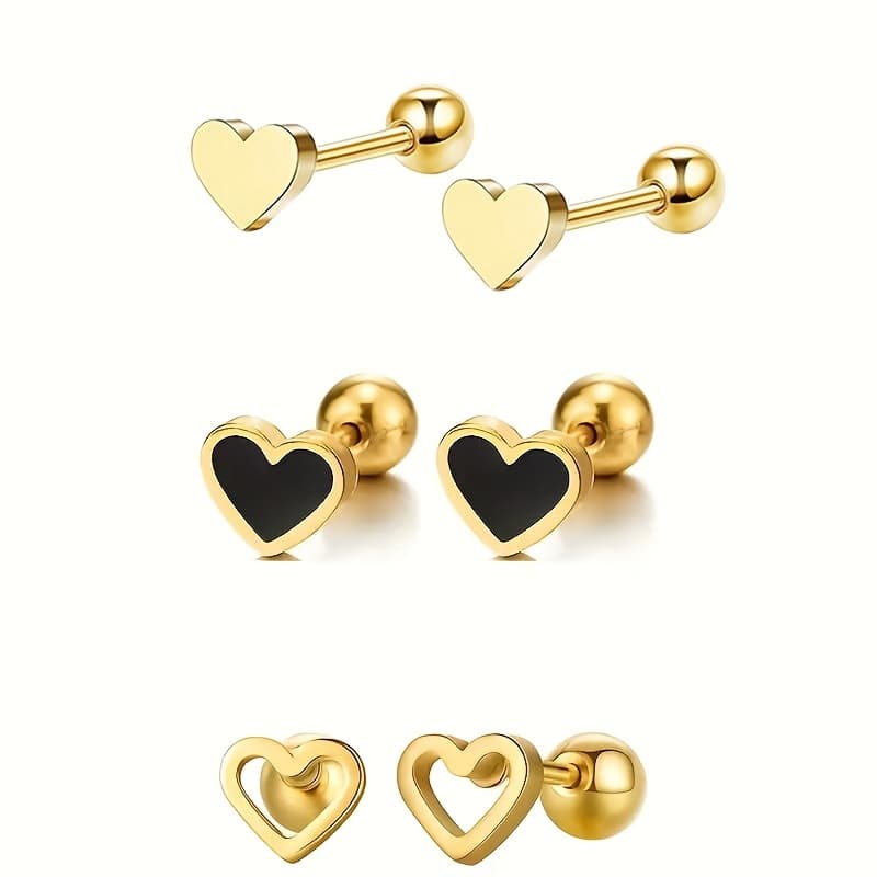 TEMU 3 Pairs Of Golden Stainless -shaped Earrings - A Cute And Easy Design For Casual Wear, Perfect For Valentine's Day Gifts, Mini Heart Studs