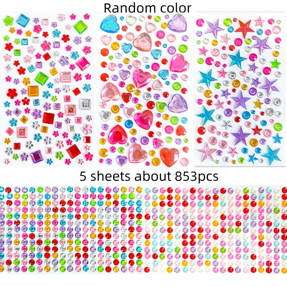 TEMU 5 Sheets (about 853pcs) Self-adhesive Stickers Gem Stickers Jewels Crystal Sheet, Reusable For Arts, Crafts, Nail Art, Card Making (random Color And Shape)