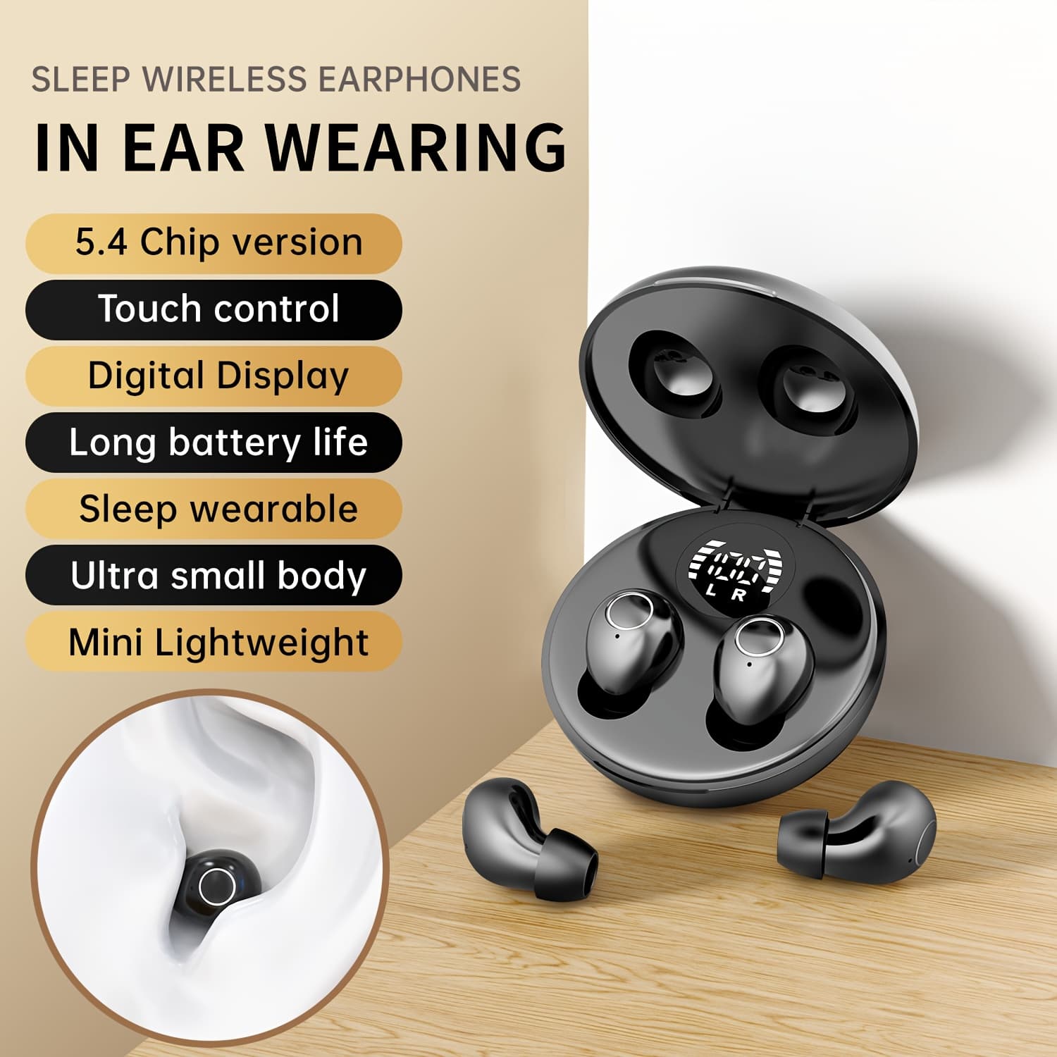 TEMU Mshucoe's Proprietary Brand Sleep Bluetooth Earphones - Unique Shape, Ultra-thin Design, Deep , Microphone, Suitable For Home And Travel Use, 18d Running, Listening To Music, Unisex Birthday Gift