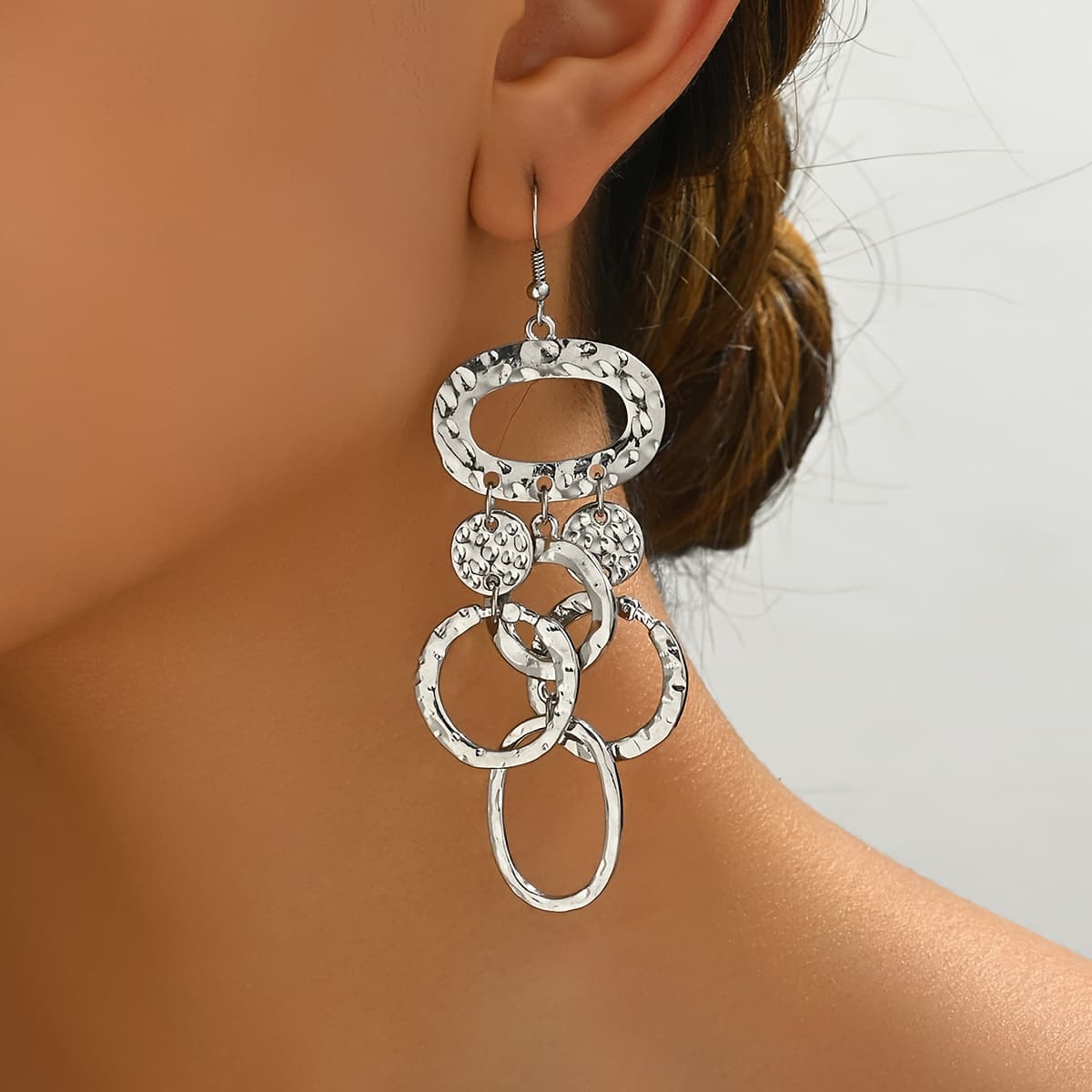 TEMU A Pair Of Fashionable And Stylish Personality Pattern Irregular Geometric Circle Size Combination Dangling Earrings