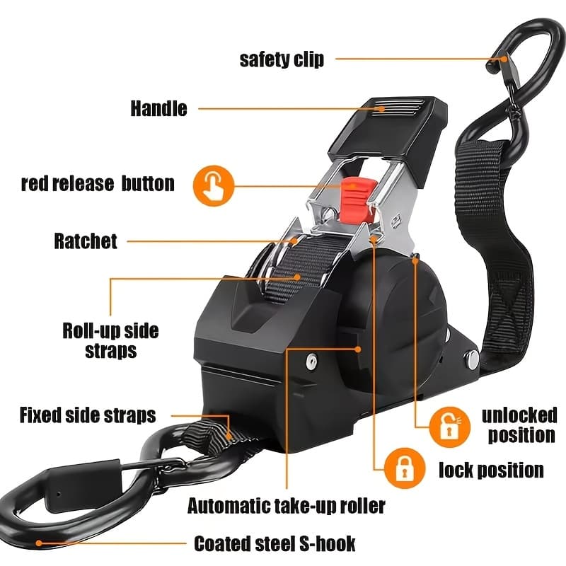 TEMU Single-pack Self-retracting Ratchet Tie Down - Ideal For Rvs, Automatic Retractable Tensioner, Cargo Lashing Ratchet Strap