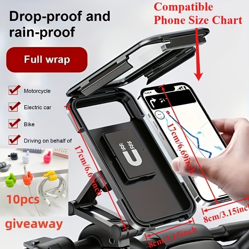 TEMU 1pc Phone Mount And 10pcs Thumb Hooks, Rainproof Bike Motorcycle Phone Holder | With Screen Cover, Abs Material, , Retractable, Rainproof Bike And Electric Vehicle Navigation Mount