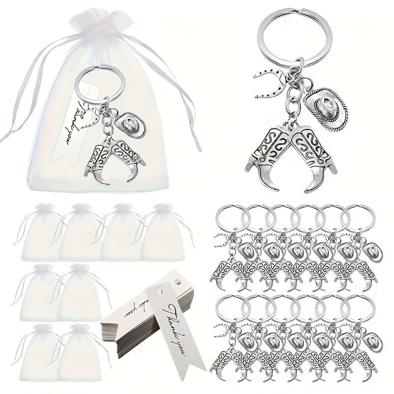 TEMU Gift For Her/him 20sets, Cowboy Western Keychain Party Favor Set 20 Sets, Hat Boots Horseshoe Pendant, 20pcs Keychain, 20pcs Thank You Cards And 20pcs White Organza Gift Bags