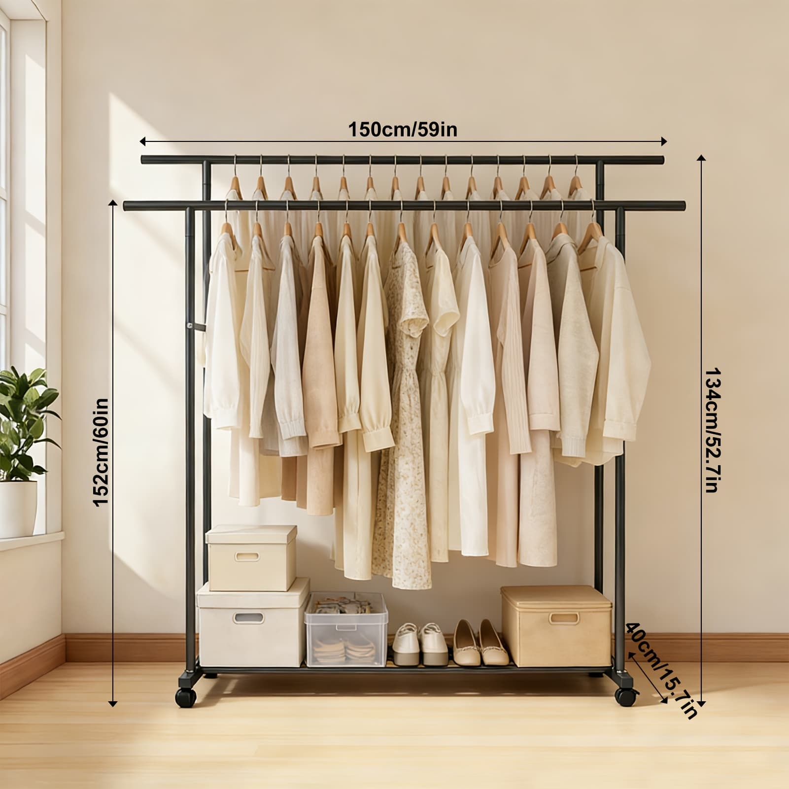 TEMU Double Rods Clothes Rack, Rolling Clothing Rack For Hanging Clothes Portable Wardrobe Rack, Metal Garment Rack Sturdy Coat Rack For Bedroom Laundry Living Room, Black