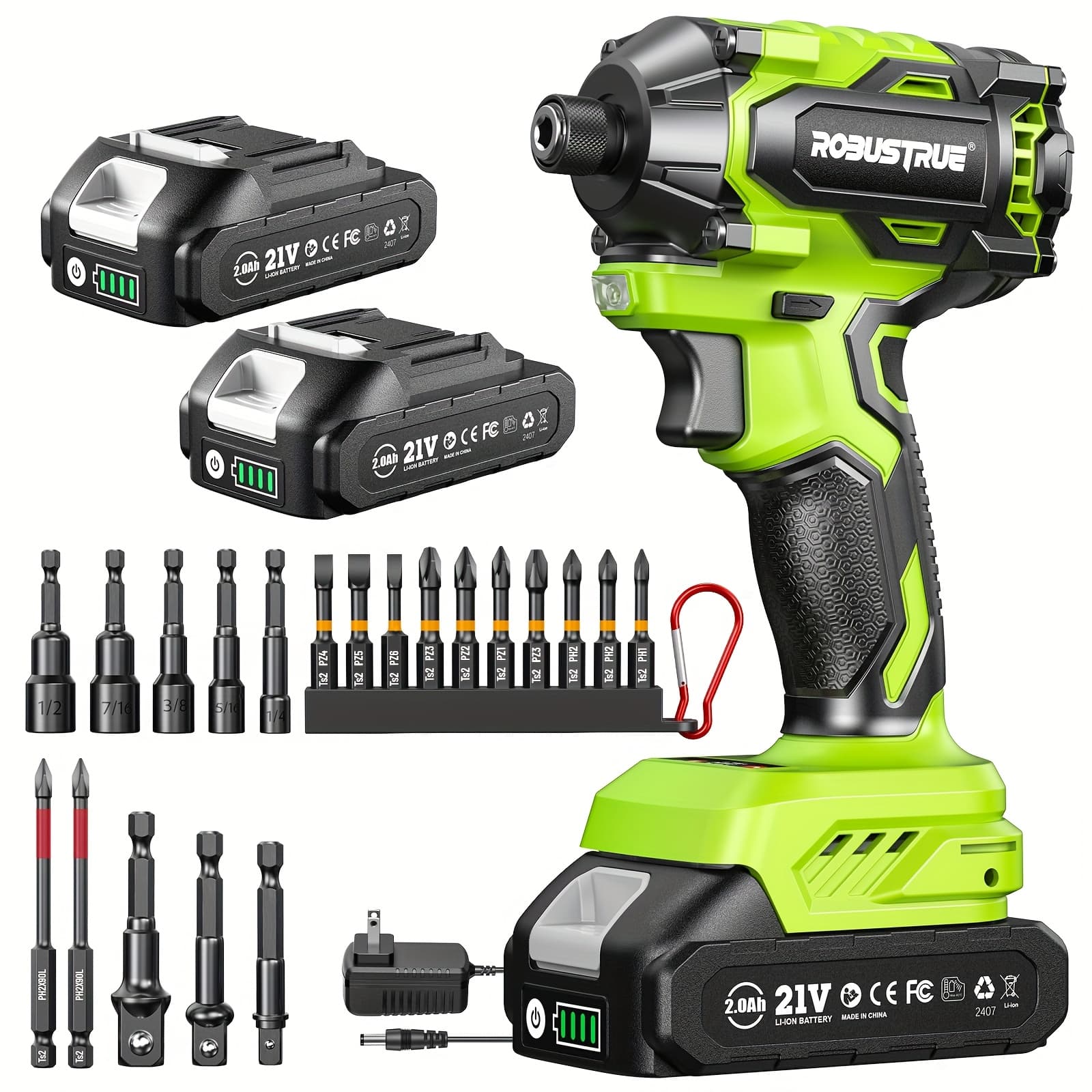 TEMU Robustrue 21v Impact Driver 1/ 4" Hex Cordless Impact Driver, 230n.m (2, 035in-lbs) Brushless Impact Driver Drill Set, 20psc Screwdriver Bits, 2.0 Ah Battery, Variable Speed For And Automotive