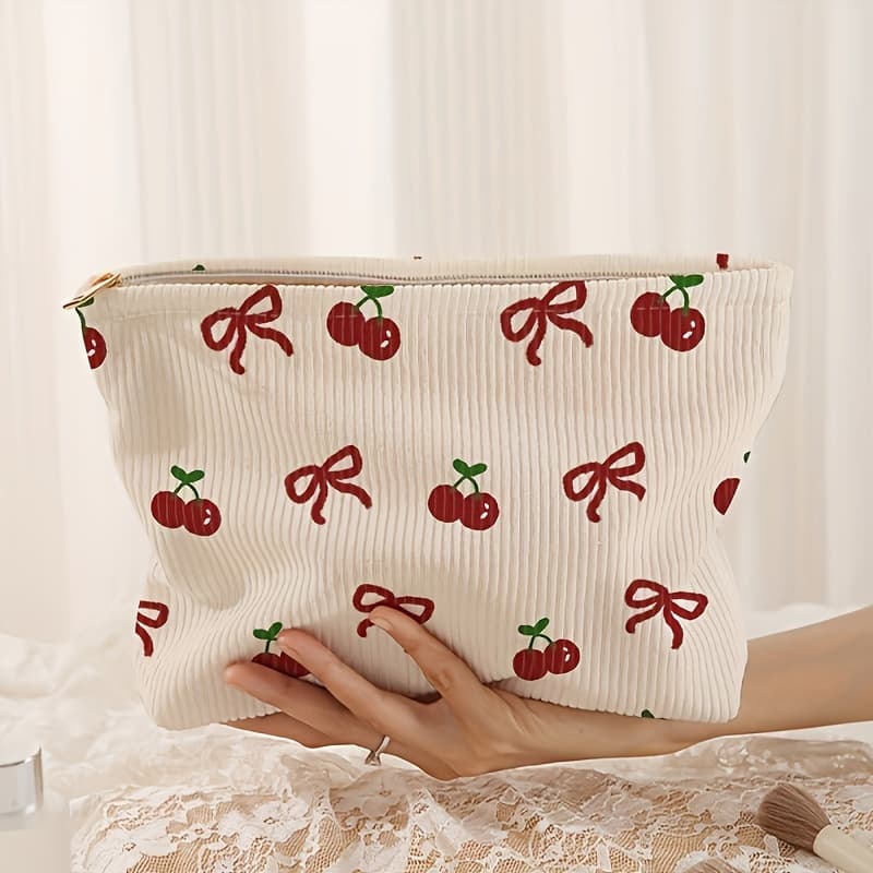 TEMU Chic Cherry Bow Print Corduroy Makeup Bag - Lightweight, Multi-functional Cosmetic & Toiletry Organizer With Lining, Perfect For Travel