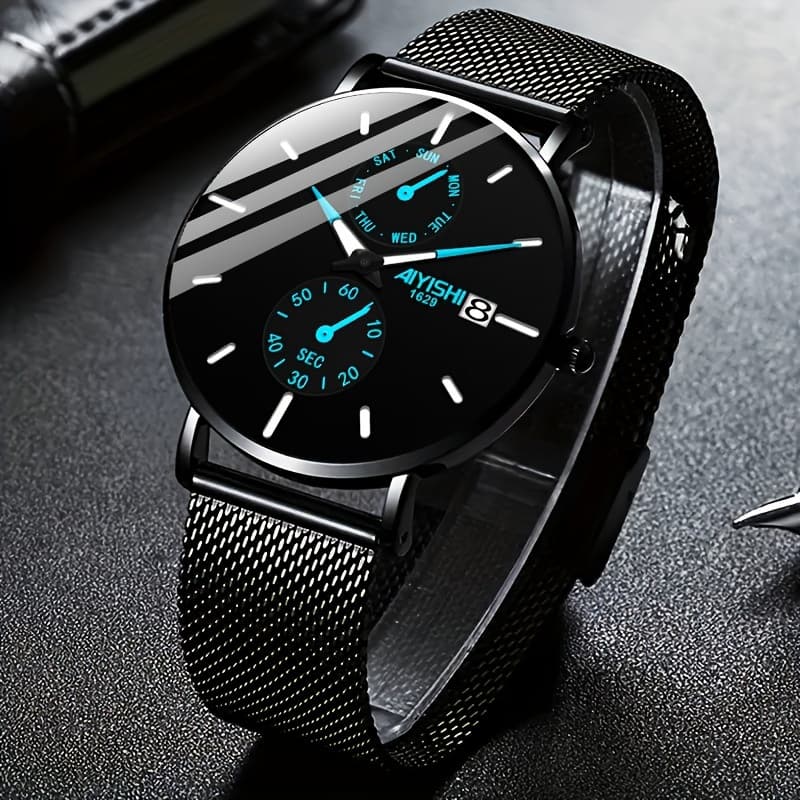 TEMU Men's Fashion Quartz Watch With Blue And Red Accents, Stainless Steel Mesh Strap, , 14 Mm Case Thickness, Stylish Gift With Box