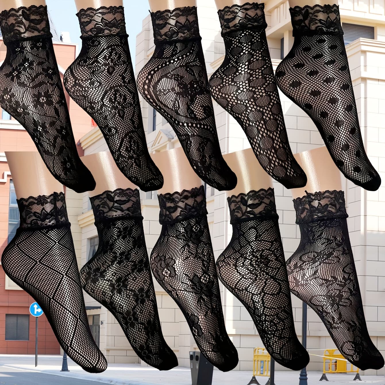 TEMU 10 Pairs Women's/look Suitable For Teen ' Contrast Lace Socks - Medium Tube, Contrast Toe/heel, Geometric Patterns, Indoor/outdoor Wear, Hand Wash Only