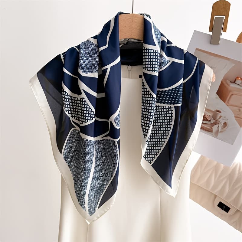 TEMU Elegant Navy Blue Floral Pattern Square Scarf, Y Texture, Versatile Use, Women's Headscarf, Women's Scarf, Women's Shawl, Suitable For All