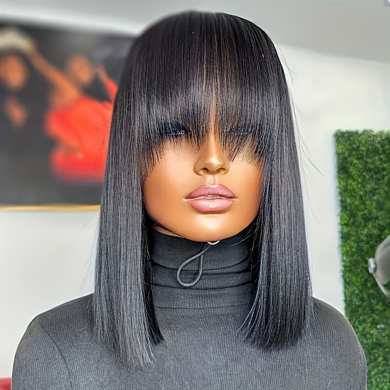 TEMU Natural Look 250% Density Straight Human Hair Wig With Bangs - Full Machine-made Wigs Suitable For Daily Wear, Parties & Festivals - Comfortable Wearable Hair